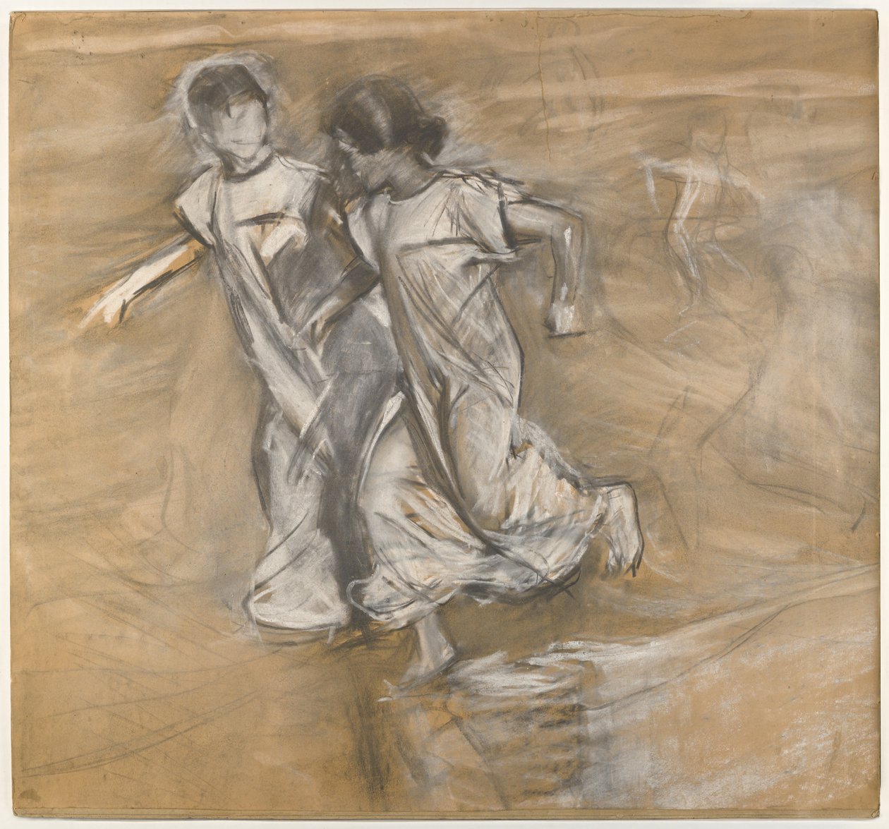 Uten tittel (Two Girls in White Running Arm in Arm) (kull, grafitt og hvit pastell) av Joaquín Sorolla