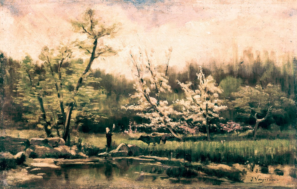 "" Vårlandskap "" Maleri av Joaquim Vareyda i Vila (1843-1894). Rundt 1880. Barcelona. Nasjonalmuseet for kunst i Catalonia. av Joaquin Vayreda