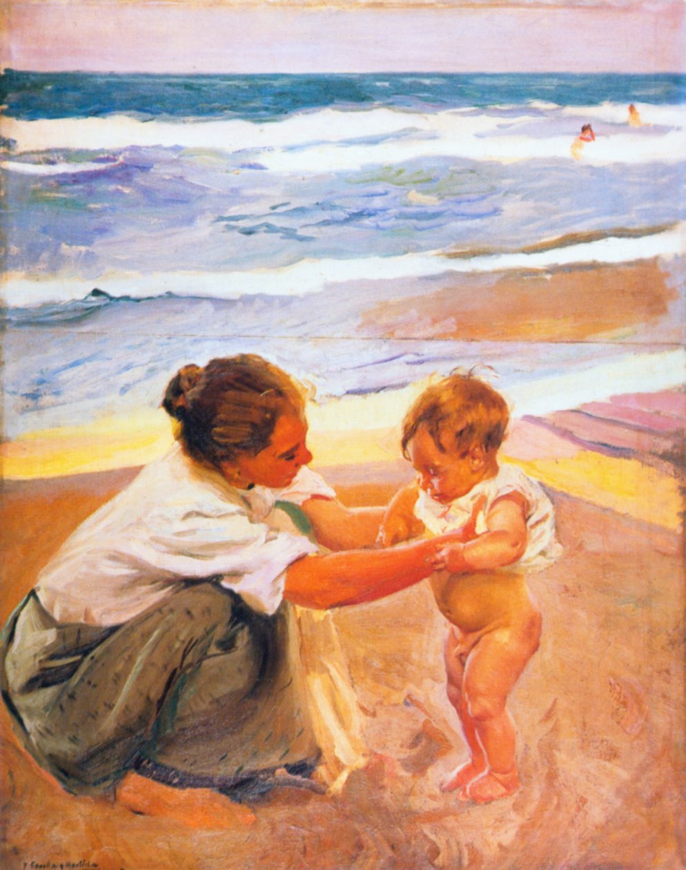 Mor og barn på stranden av Joaquín Sorolla