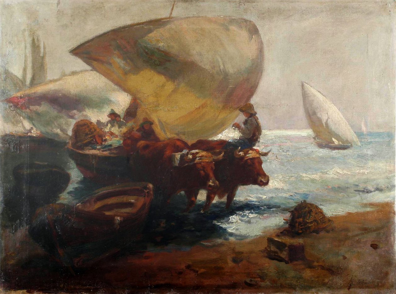 Strandscene med figurer og okser av Joaquín Sorolla