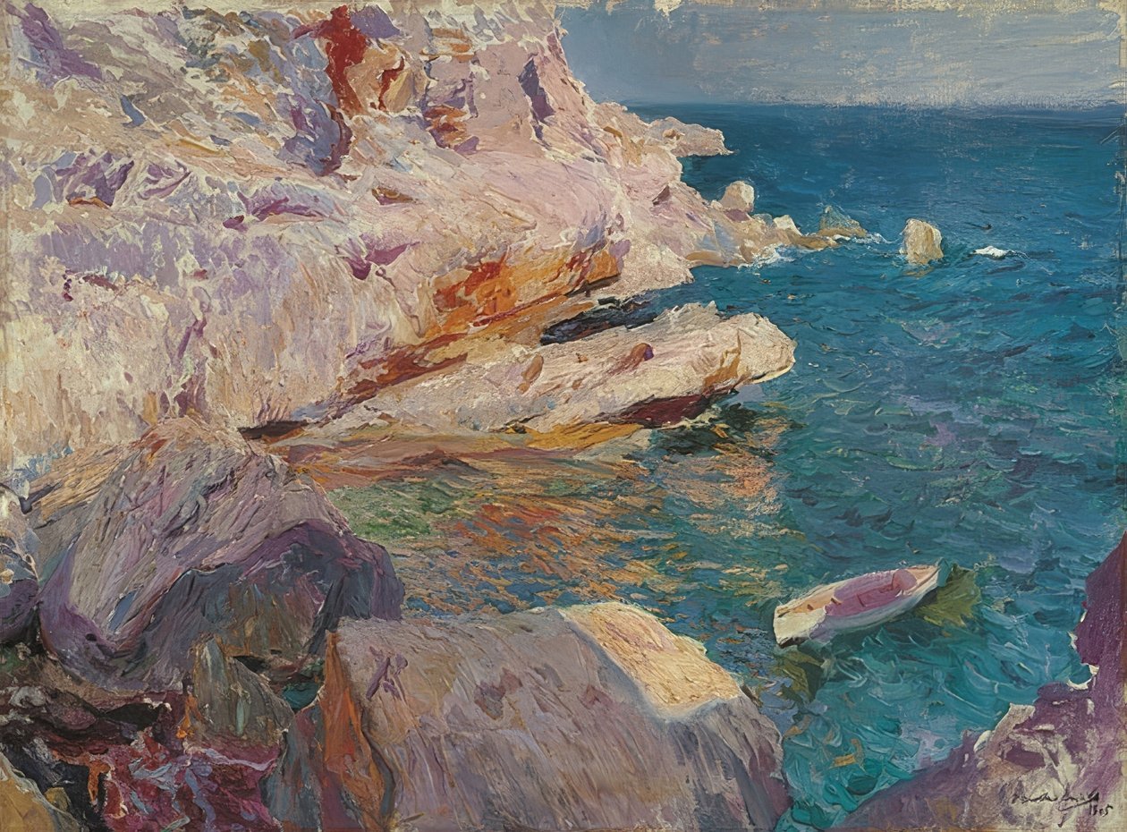 Jávea steiner med hvit båt. 1905 av Joaquín Sorolla