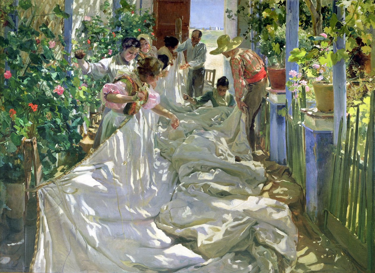 Mending the Sail, 1896 av Joaquín Sorolla