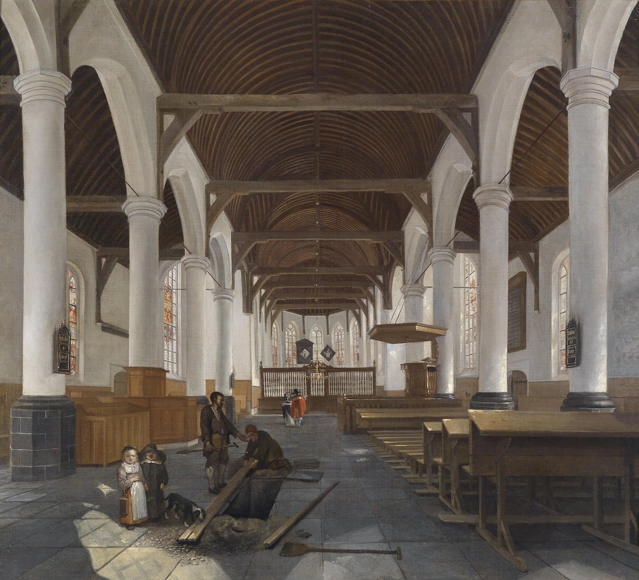 Interiøret i en barokk kirke (Oude Kerk i Amsterdam?) av Job Berckheyde