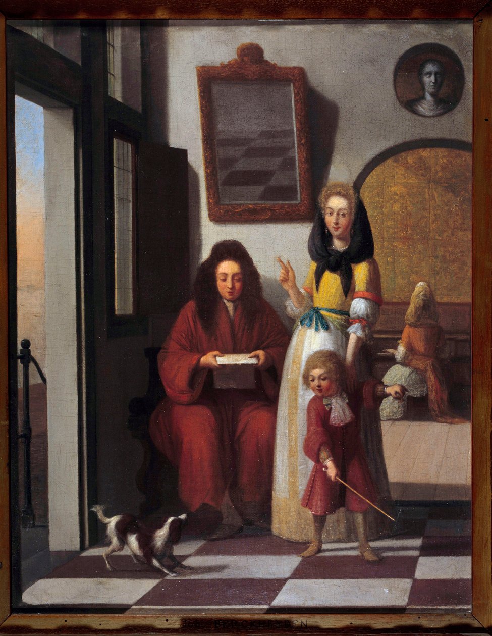 Sjangerscene En familie i et interiør. Moren lar sønnen leke med hunden. Maleri av Job Berckheyde (1630-1696) Avignon fra 1600-tallet, Calvet Museum av Job Berckheyde