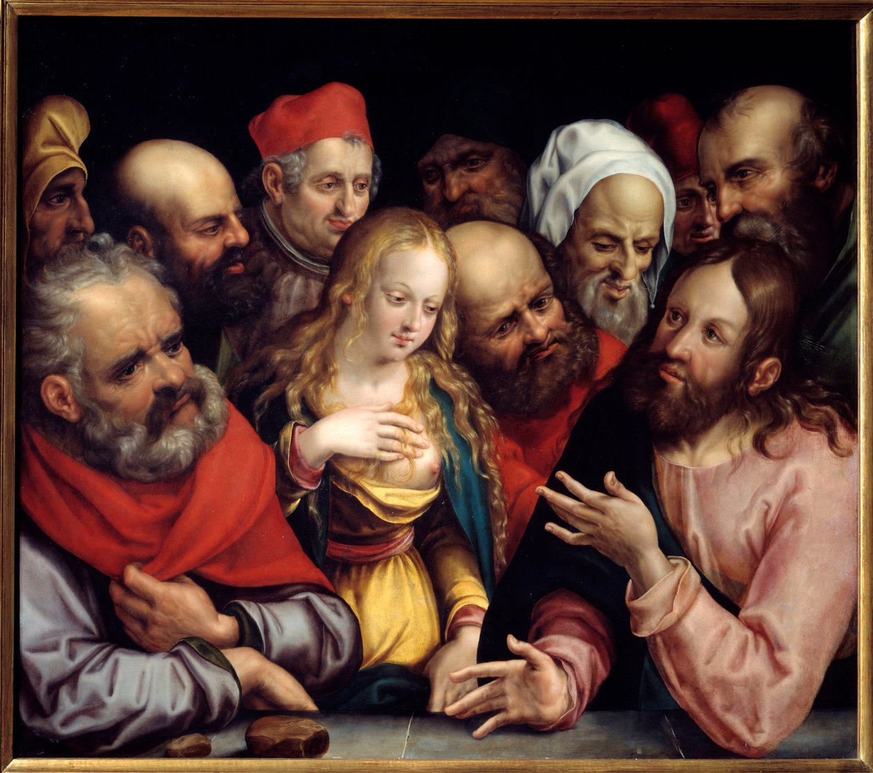 Christ and the Woman Adultere Maleri på papp av Jobst Harrich (1580-1617) 1617 Søn. 0,73x0,84 m av Jobst Harrich