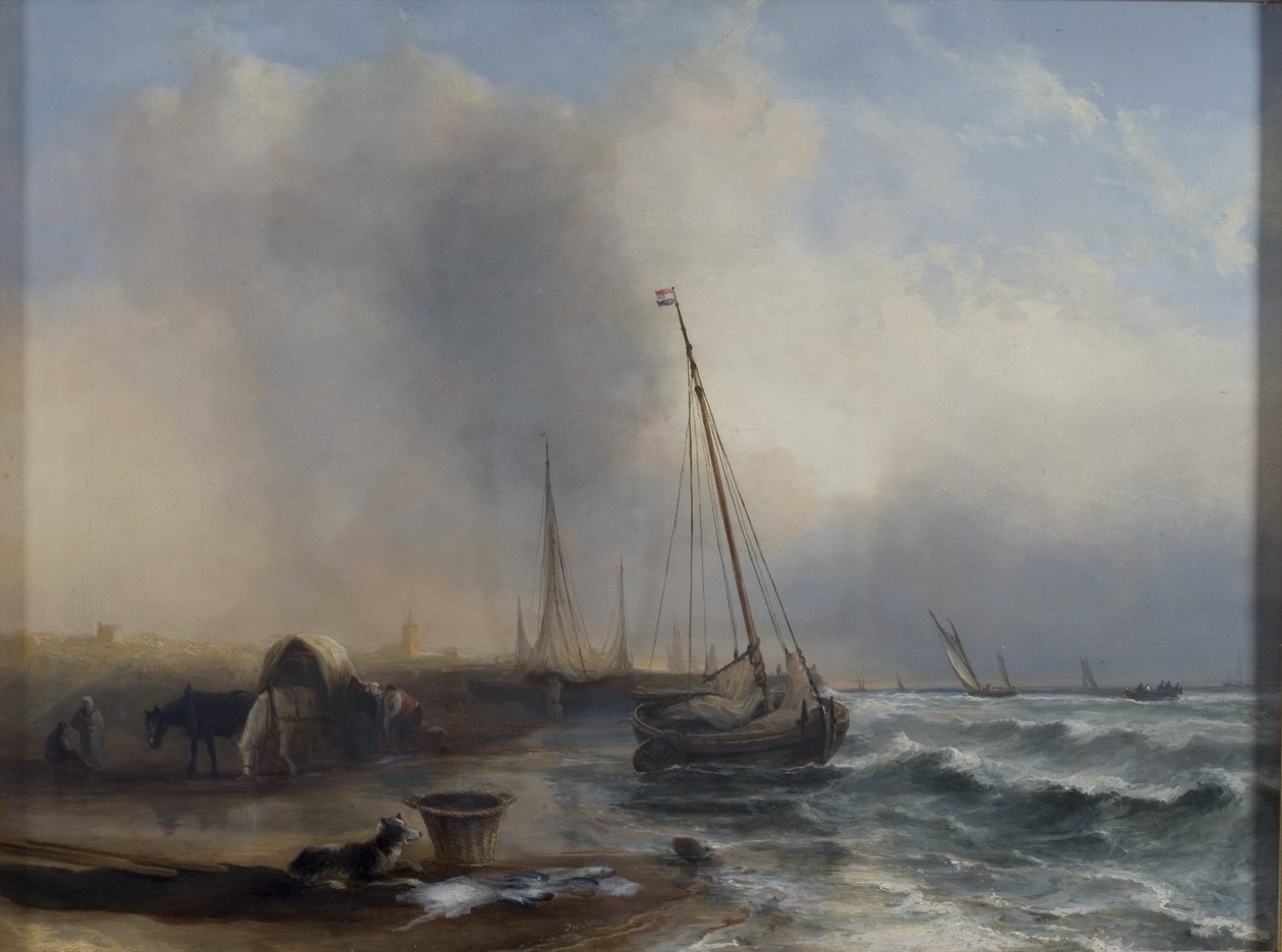 Havlandskap med båter og figurer av Jock Wilson