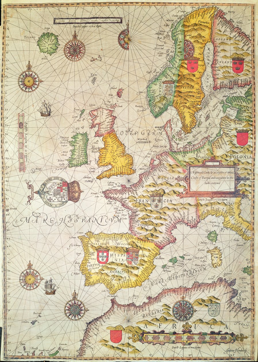 A Generell omsorg, og beskrivelse av Europas havkyster, og navigasjon i denne boken inneholdt (håndfarget gravering) av Jodocus Hondius