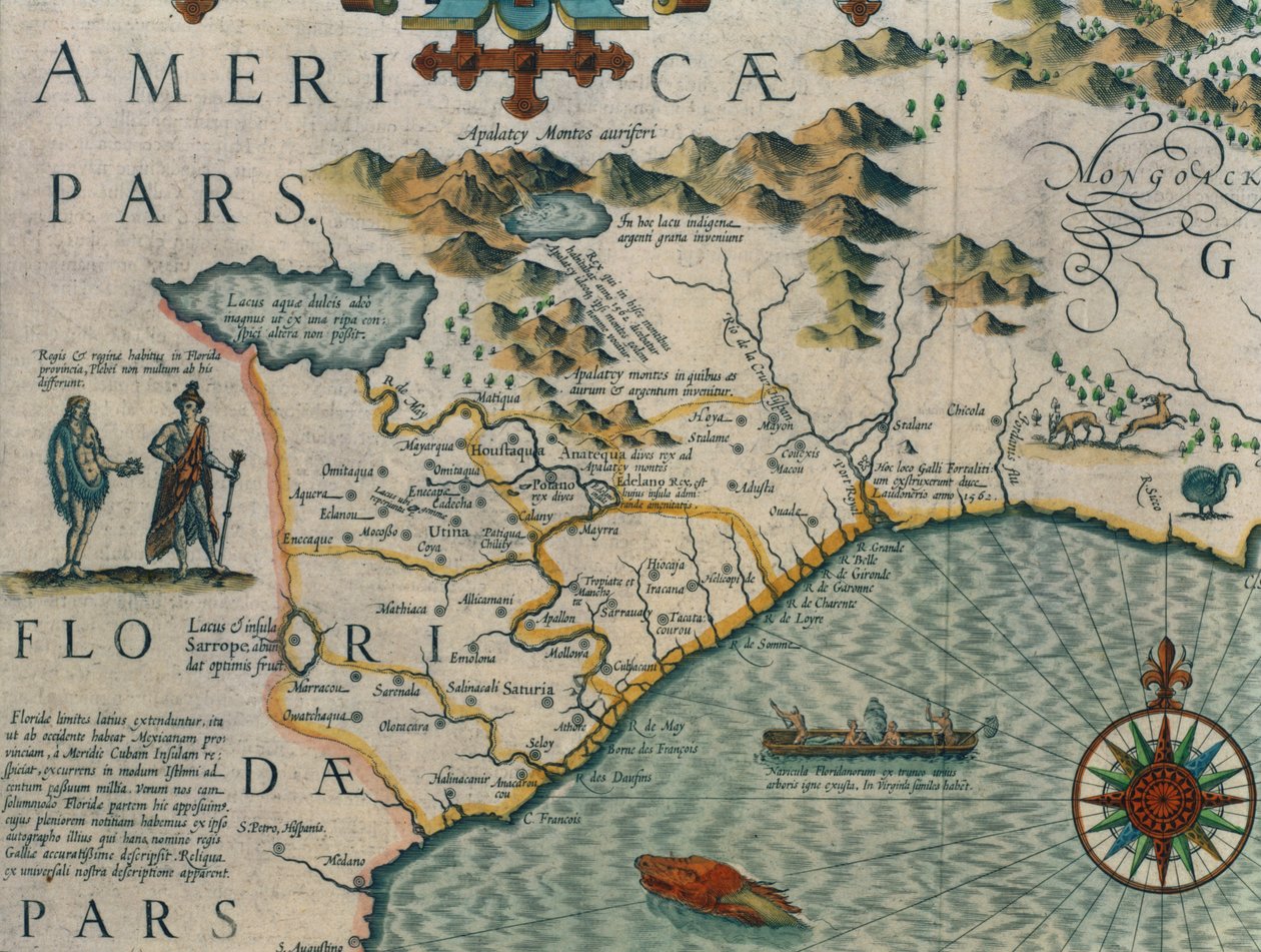 Coast of North Carolina, detalj av kartet med tittelen Virginiae item et Floridae fra Mercator Atlas... av 1606, pub. av Jodocus Hondius, 1619 håndfarget gravering se også 66818, 81957 og 81958 av Jodocus Hondius