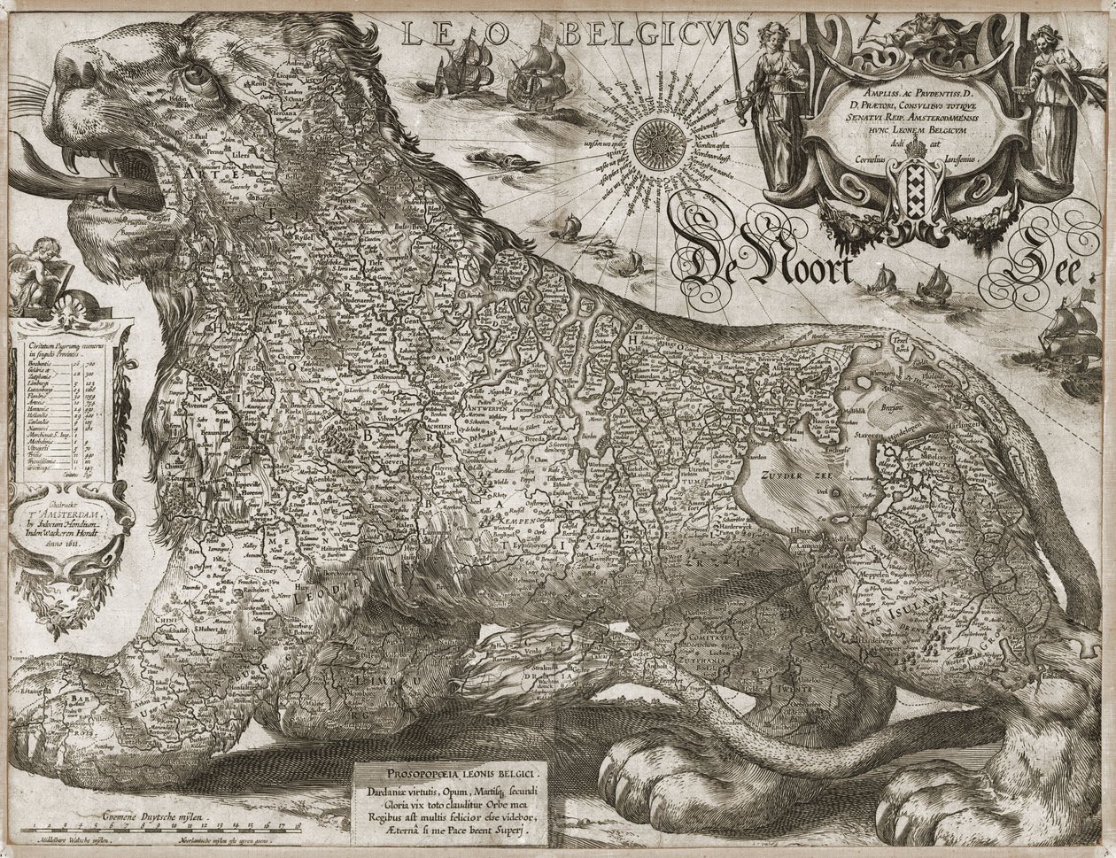 Leo Belgicus - kart over de lave landene (1611) av Jodocus Hondius