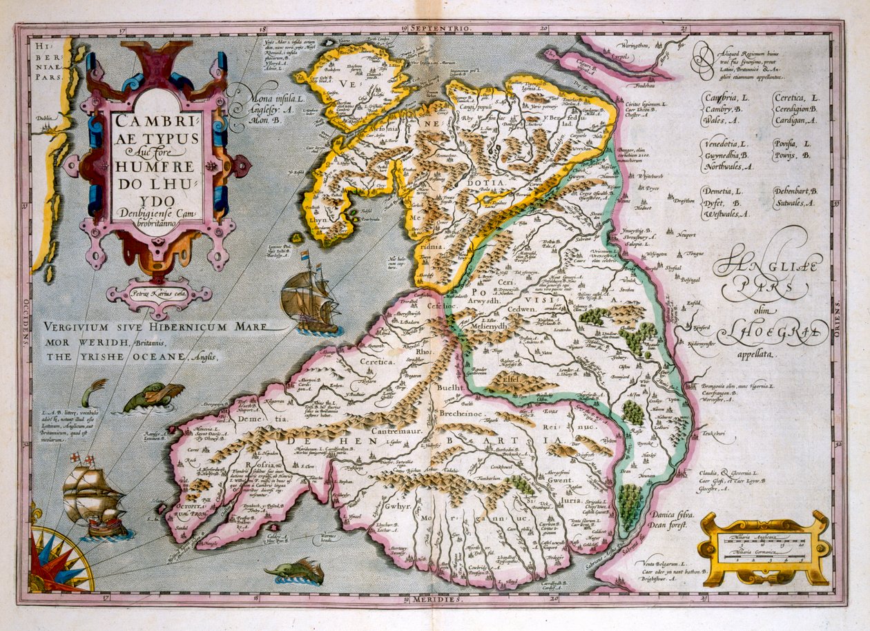 Kart over Wales, publisert ca. 1630 (håndfarget gravering) av Jodocus Hondius