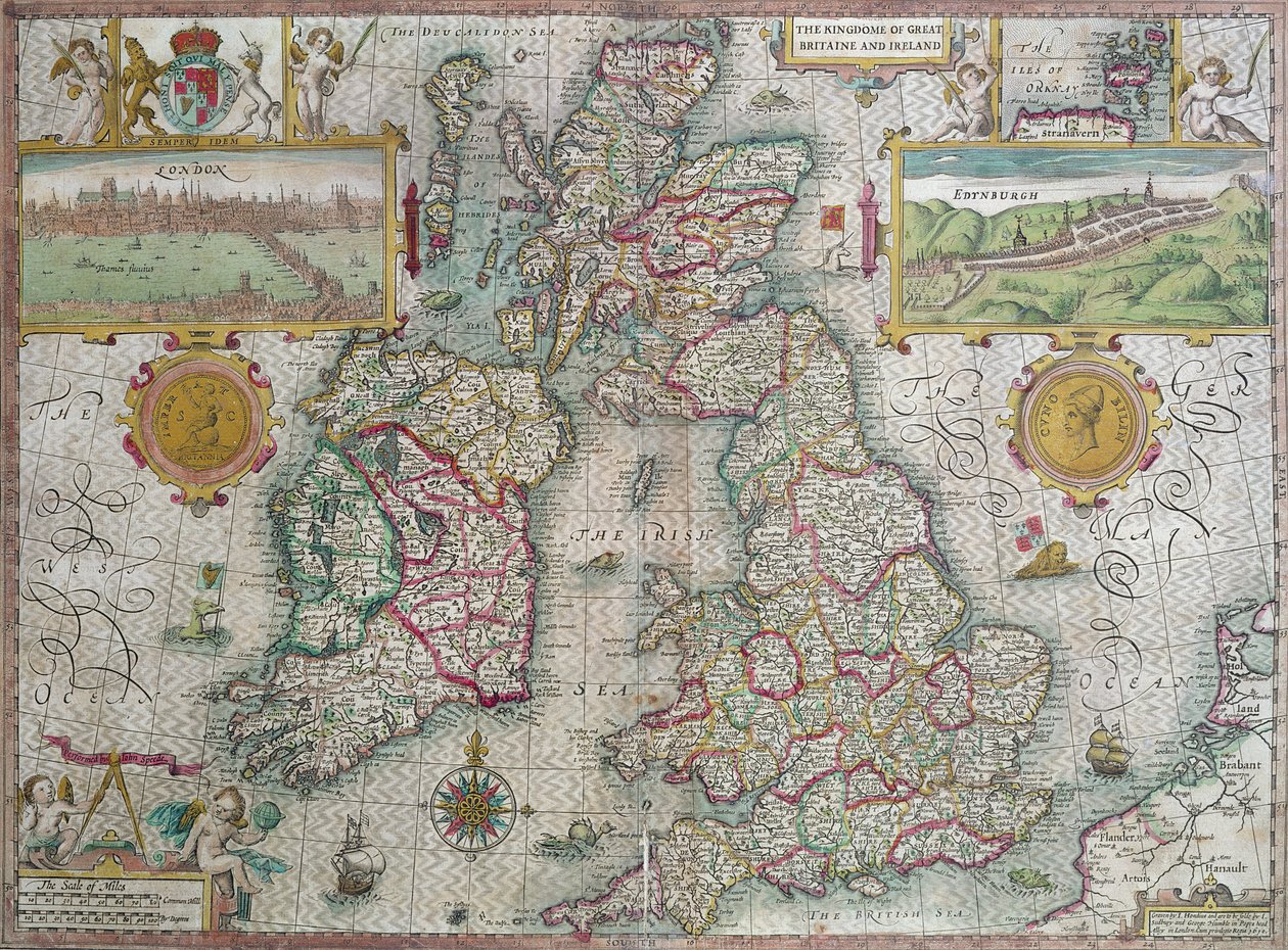 Kart over kongeriket Storbritannia og Irland, 1610 (håndfarget gravering) av Jodocus Hondius