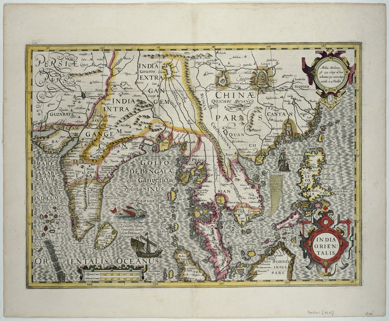Det indiske subkontinentet til Filippinene ved hjelp av de nordlige delene av den indonesiske skjærgården og den malaysiske halvøya, tidlig på 1600-tallet (fargegravering) av Jodocus Hondius