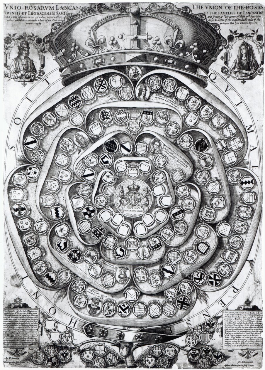 The Union of the Roses of the Families of Lancaster and York, 1589 (plategravering) av Jodocus Hondius
