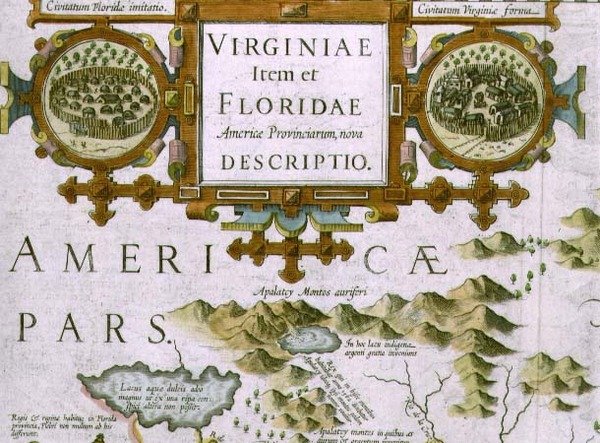 Tittelkartasje og innlegg, detalj av kartet over North Carolina med tittelen Virginiae item et Floridae, fra Mercator Atlas... av 1606, pub. av Jodocus Hondius, 1619 (håndfarget gravering) (se også av Jodocus Hondius
