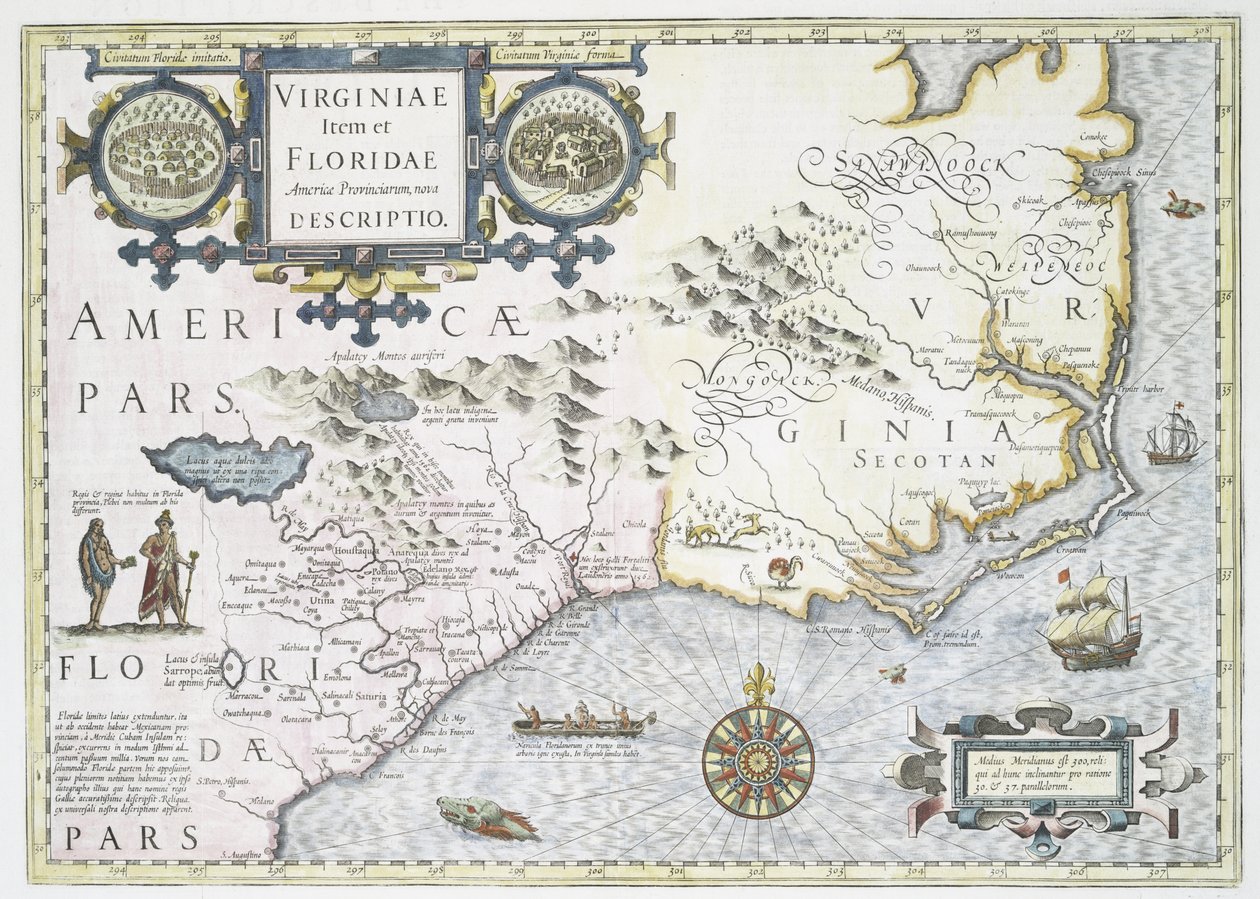 En ny beskrivelse av Virginia og Florida-provinsene i Amerika, 1636 av Jodocus Hondius