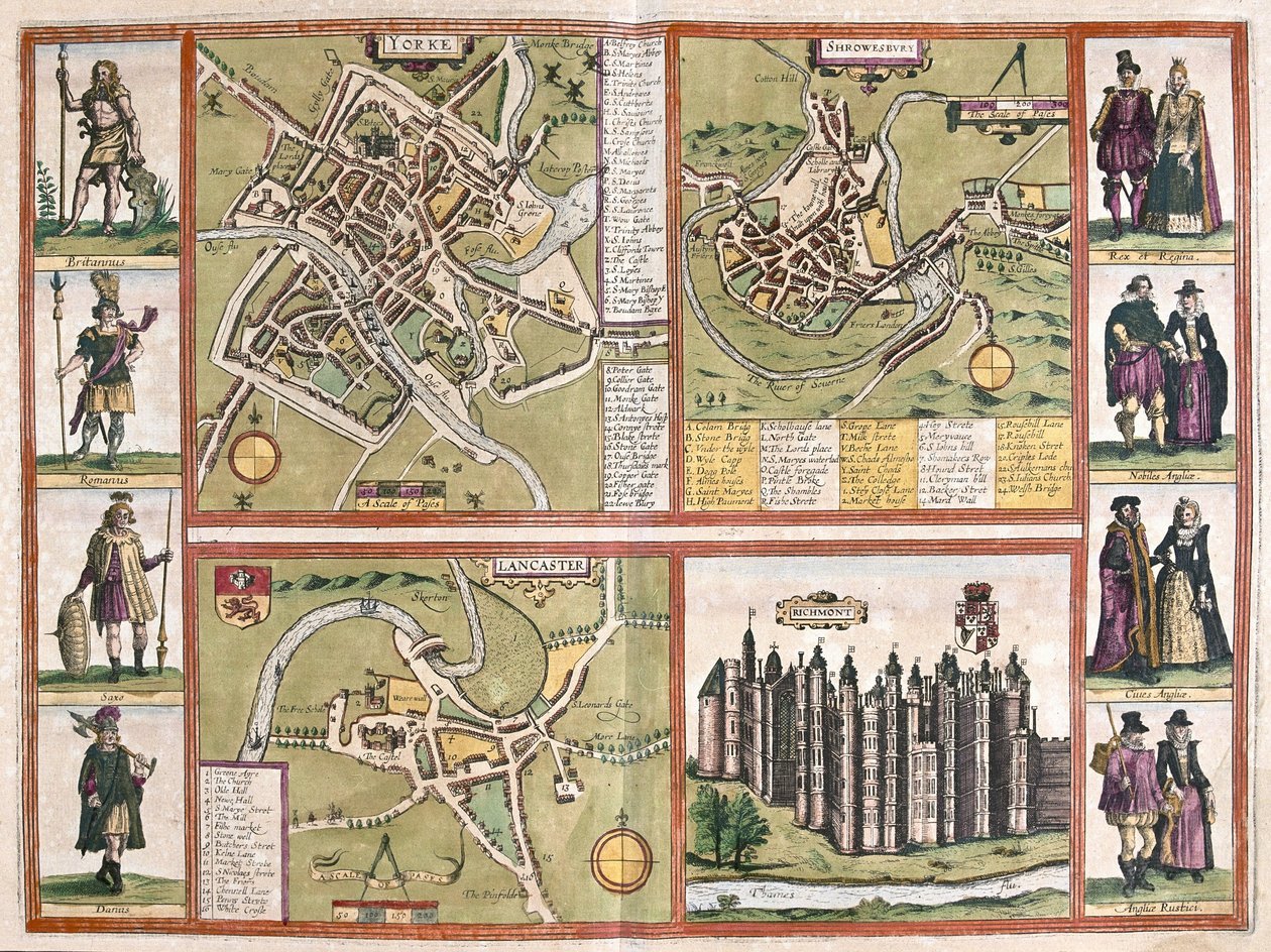 York, Shrewsbury, Lancaster og castle of Richmond, England av Jodocus Hondius