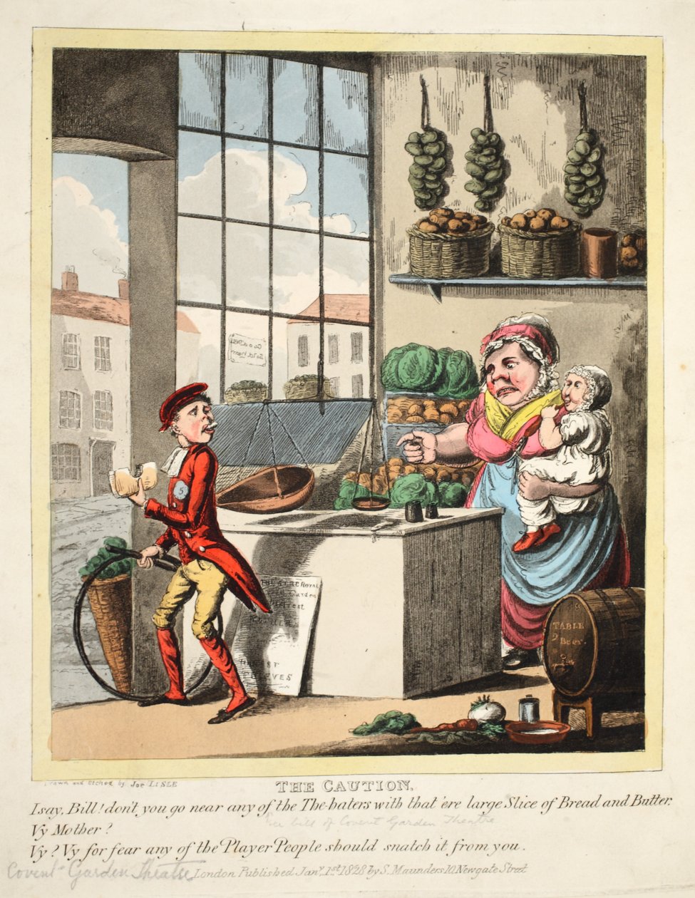 The Caution, Covent Garden Theatre, pub. 1828 (håndfarget gravering) av Joe Lisle