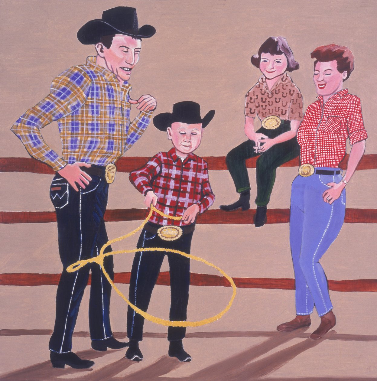 Cowboy Family, 2001 (olje og akryl på panel) av Joe Heaps Nelson