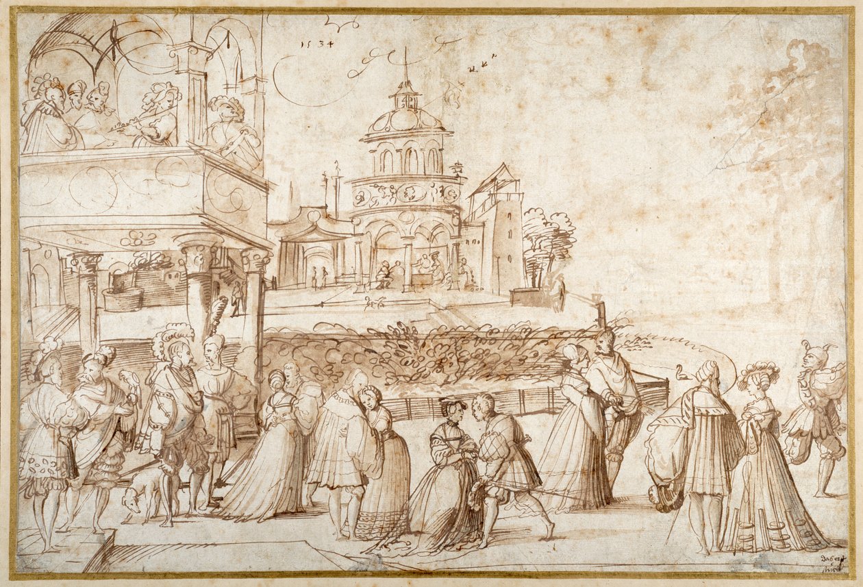 Society Scene (penn og blekk med vask på papir) av Joerg the Elder Breu