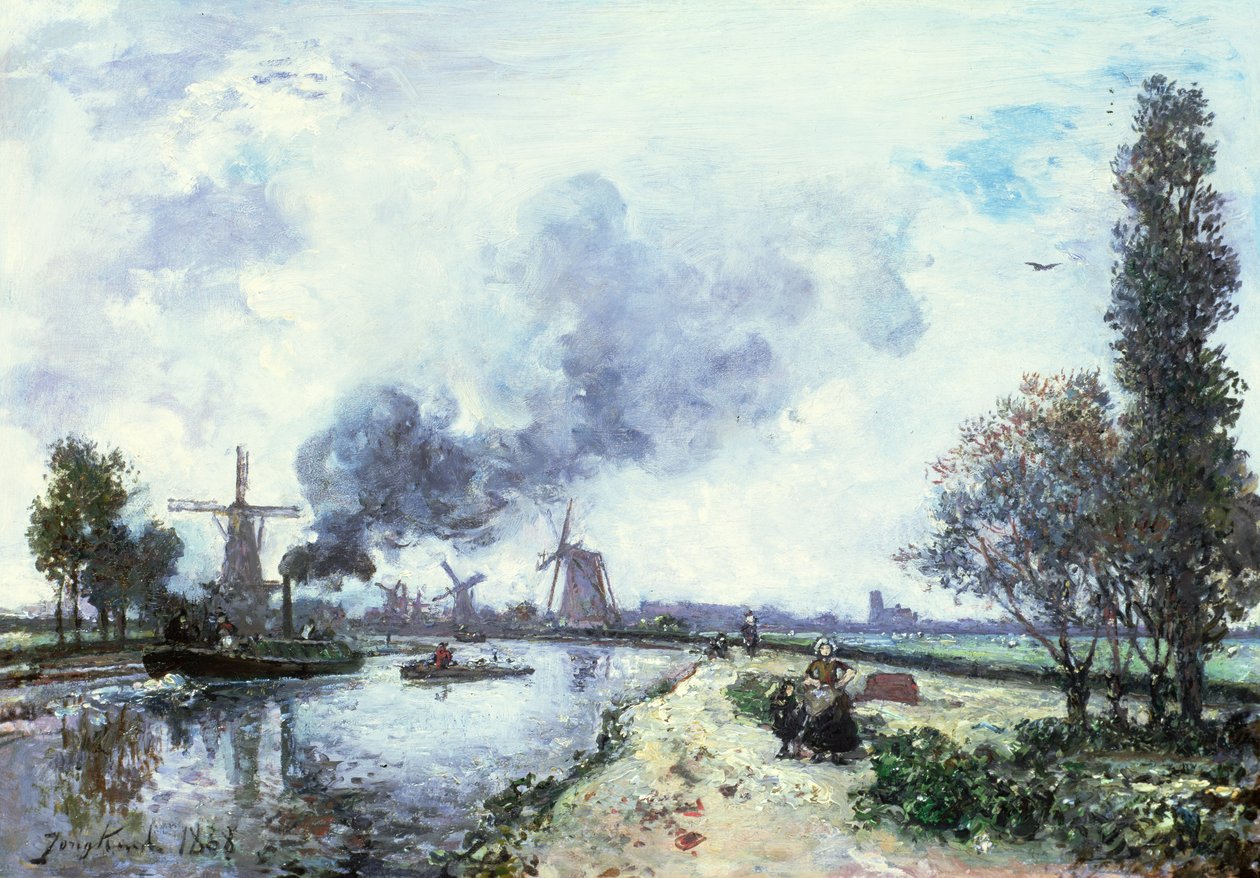 Nederlandsk landskap med vindmøller, 1868 av Johan Barthold Jongkind