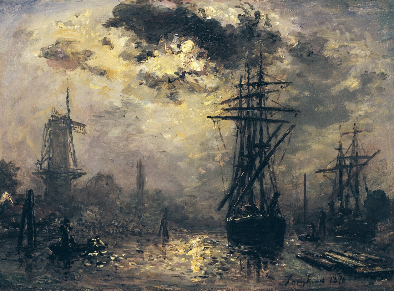 Utsikt over havnen, eller vindmøllene i Rotterdam, 1870 av Johan Barthold Jongkind