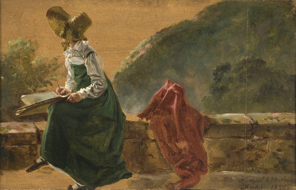 Prinsesse Caroline Amalie skisserer i Napoli. Studie, 1820 (olje på papir montert om bord) av Johan Christian Dahl