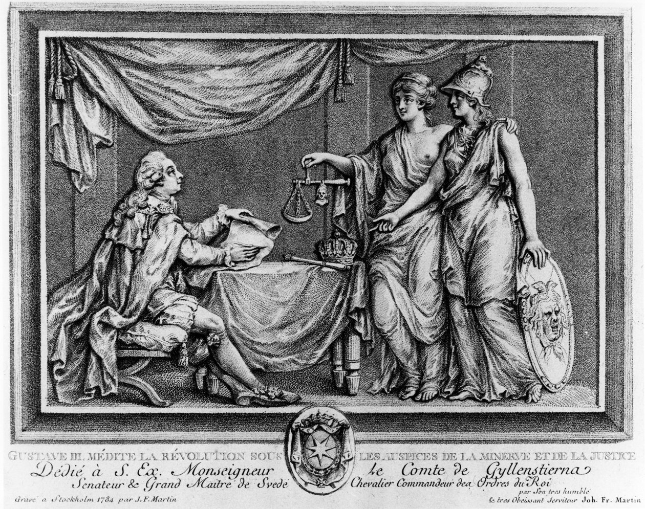 Gustave III vurderer revolusjonen i regi av Minerva og rettferdighet, 1784 av Johan Fredrik Martin