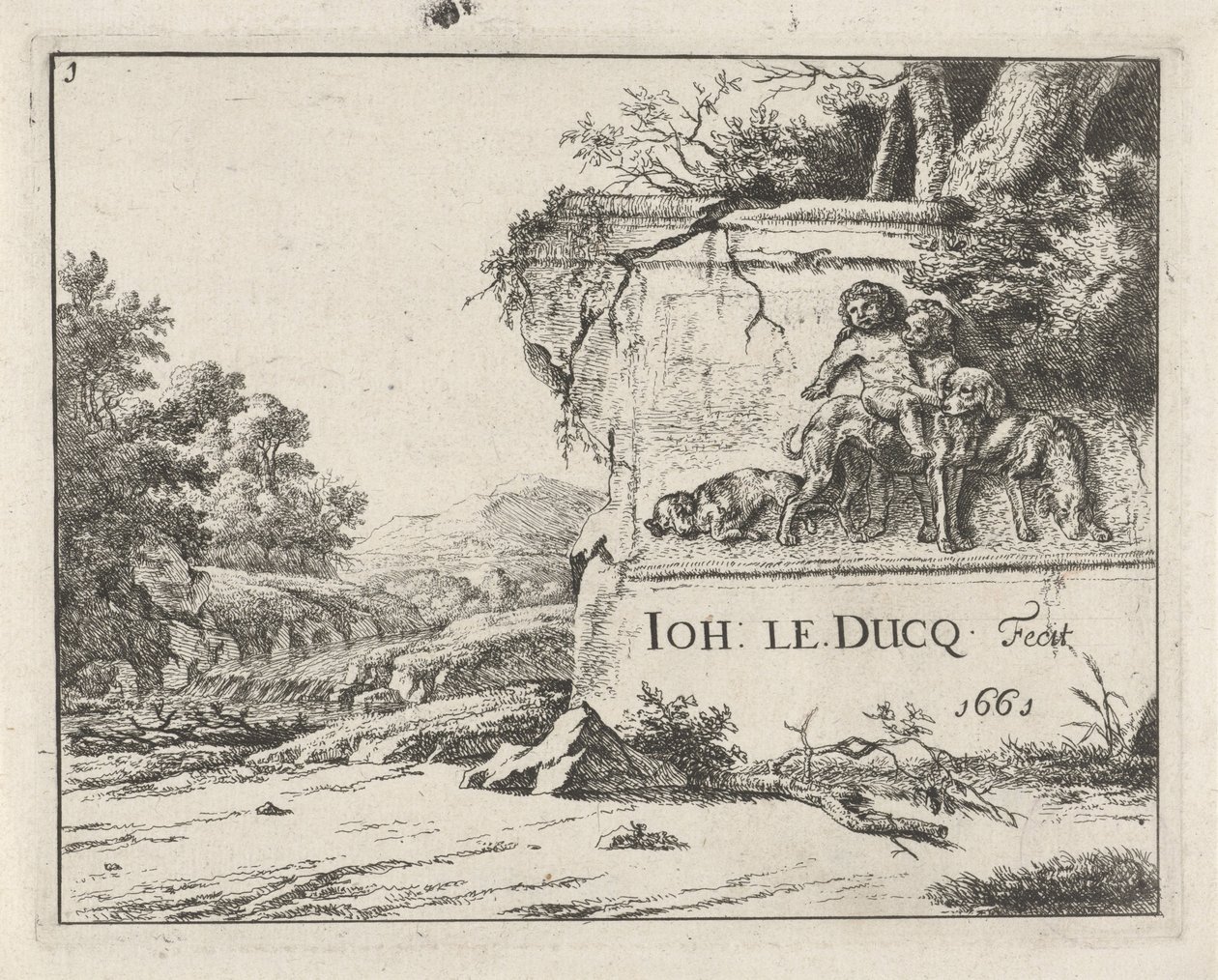Utsikt over en ruin, i et landskap med en elv av Johan le Ducq
