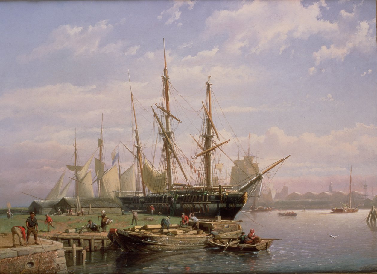 Hollandske seilskip for anker i en elvemunning av Johan Adolph Rust