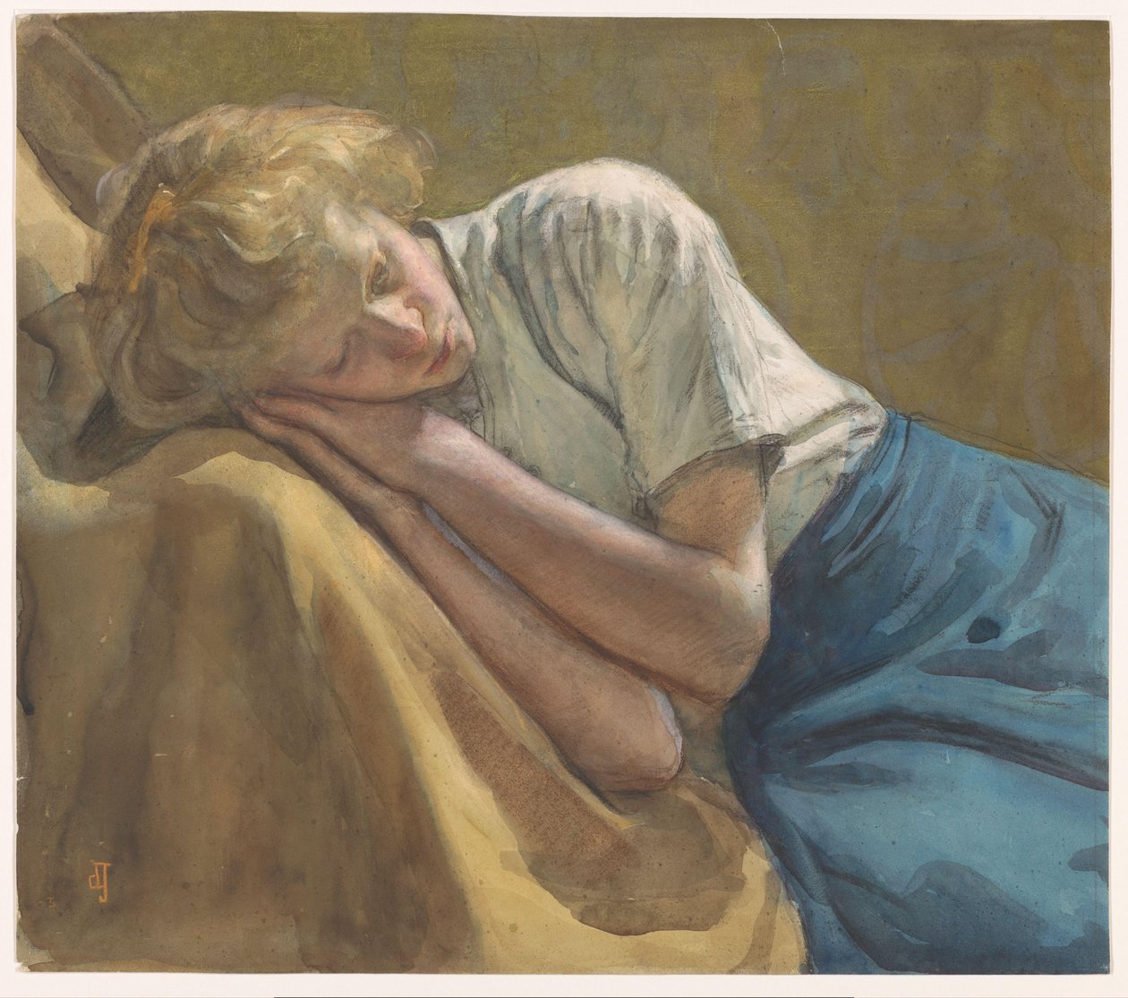 Hvilende jente av Johan Antonie de Jonge (signed by artist)