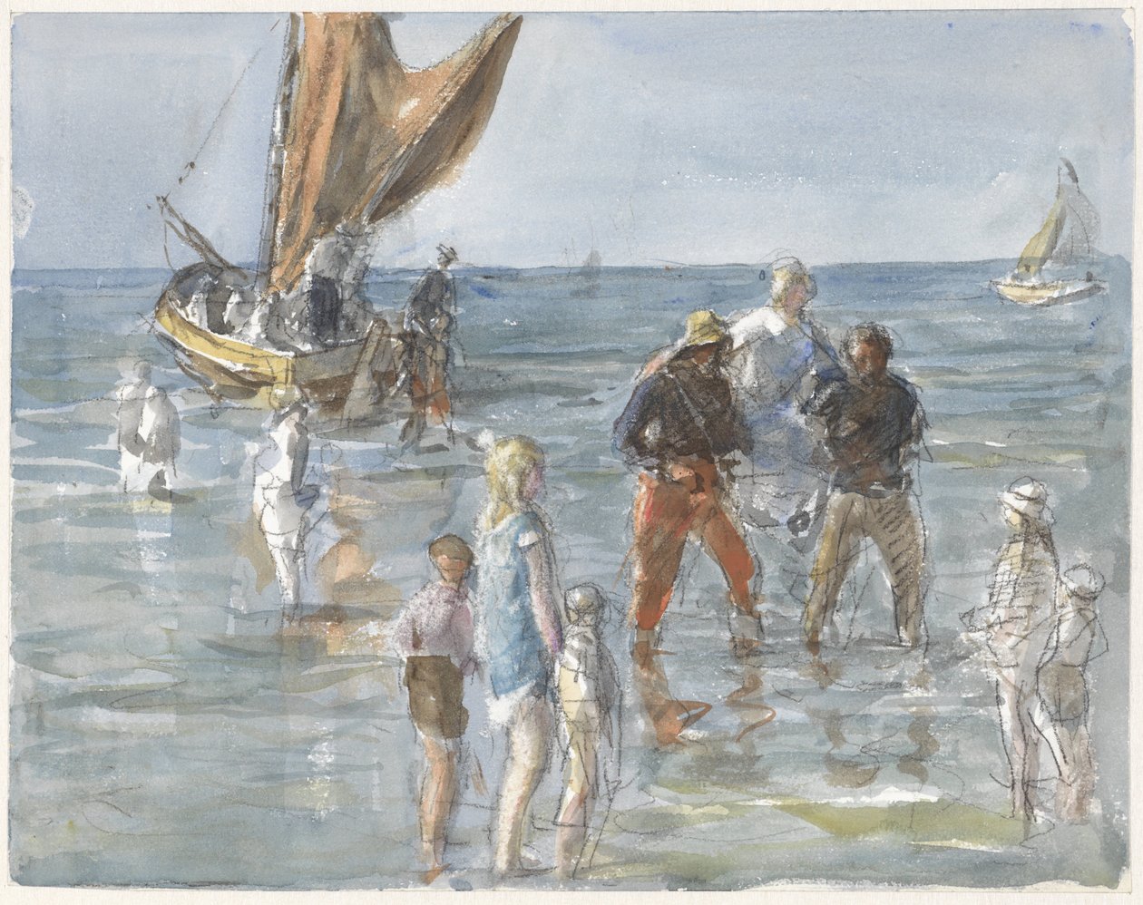 Lady blir båret fra en båt til land av to fiskere av Johan Antonie de Jonge