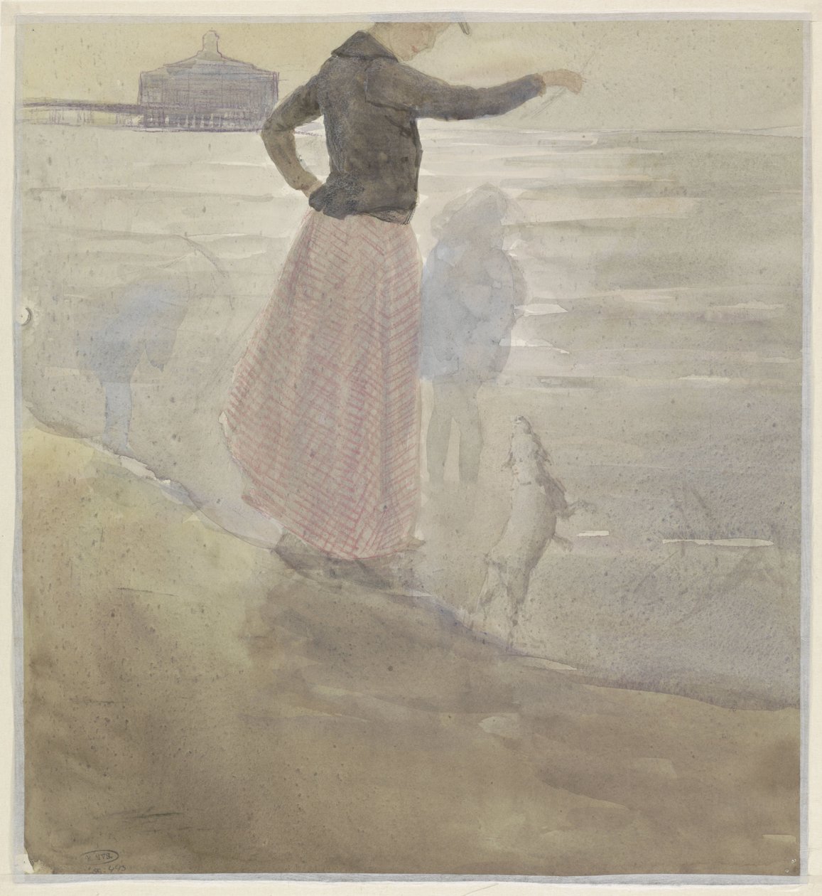 Kvinne med to barn og en hund på stranden av Johan Antonie de Jonge
