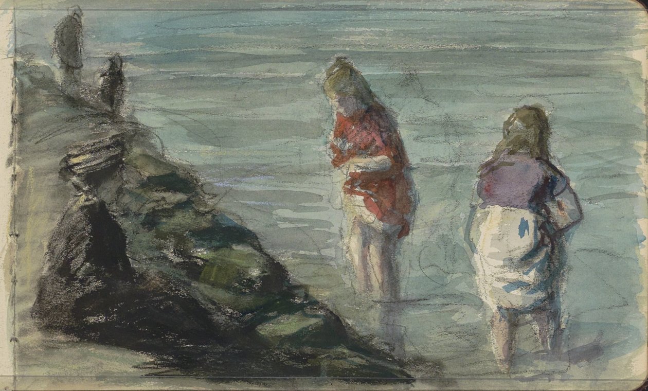 Kvinne med to barn langs vannkanten av Johan Antonie de Jonge