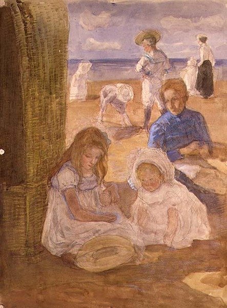 Strandscene (akvarell) av Johan Antonio de Jonge