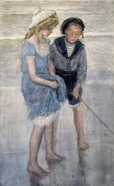 Barn som padler på Scheveningen (akvarell) av Johan Antonio de Jonge