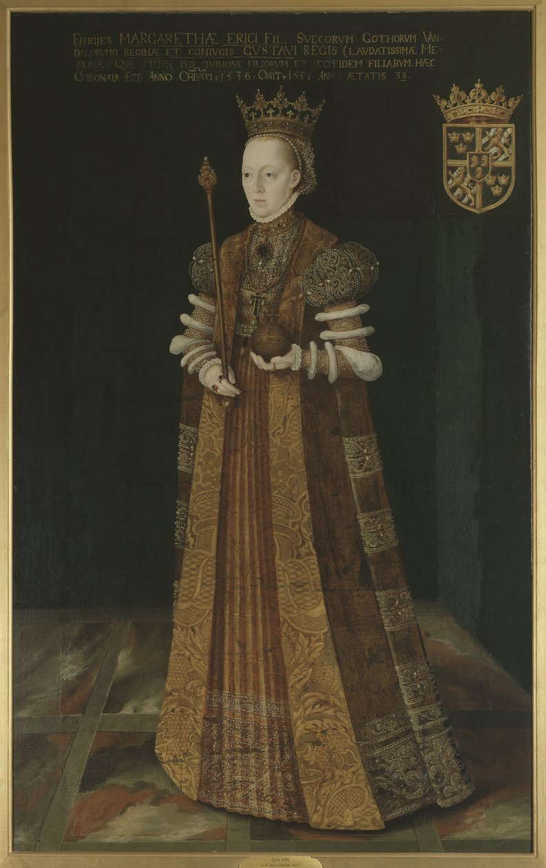 Marguerite Lejonhufvud, reine consort de Sweden, seconde epouse de Gustave I Vasa - Queen Margaret Leijonhufvud of Sweden (1516-1551), av Uther, Johan Baptista van (aktiv 1562-1597). Olje på lerret. Mål: 195x121 cm. Nasjonalmuseet Stockholm av Johan Baptista van (active 1562 1597) Uther