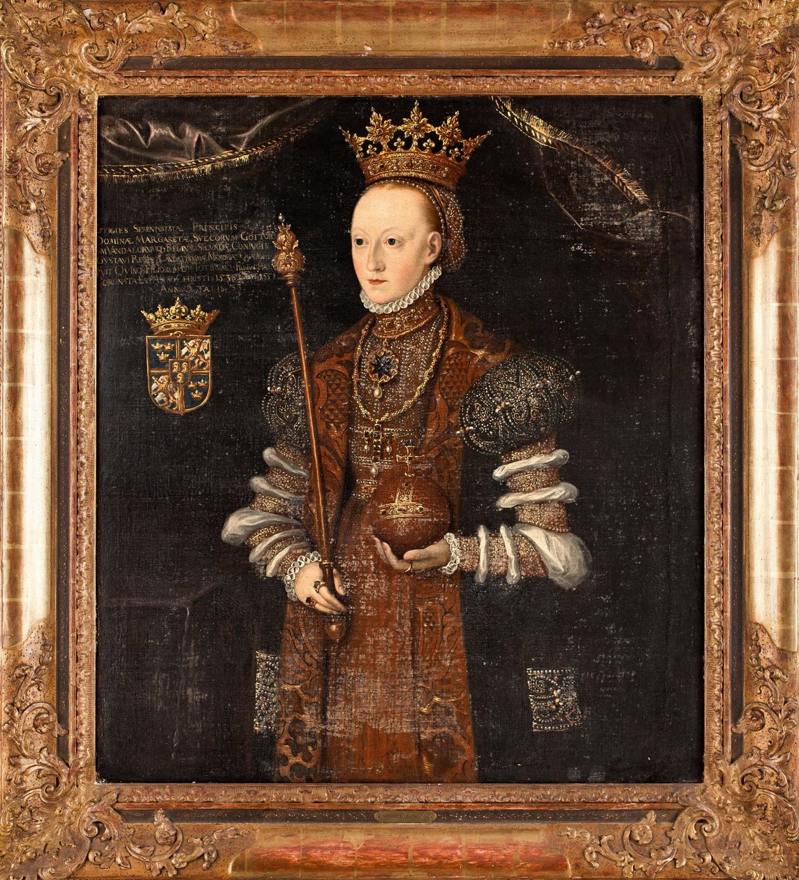 Portrett av Marguerite Lejonhufvud (nee Margareta Eriksdotter) (1516-1551), reine de Suede - Peinture de Johan Baptista van Uther (actif 1562-1597), huile sur toile (102x90 cm) av Johan Baptista van (active 1562 1597) Uther