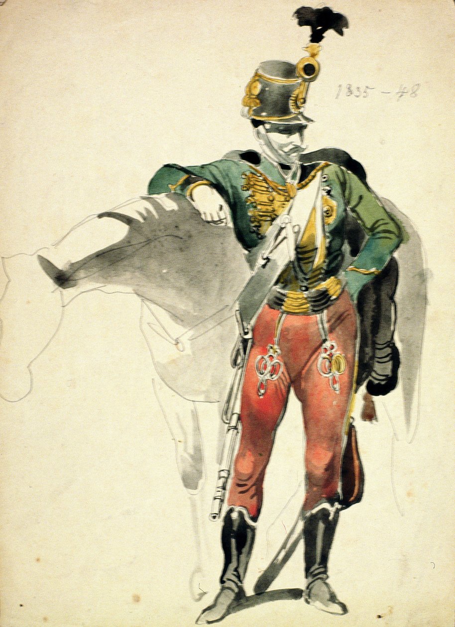 En husar fra 9. regiment, lett kavaleridrakt, 1835-48 av Johan Baptiste Heinefetter