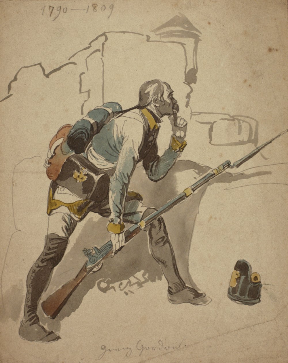 A Private Infantry of the Line (muligens 27. regiment, Hesse Cassell), 1790-1809 (akvarell) av Johan Baptiste Heinefetter
