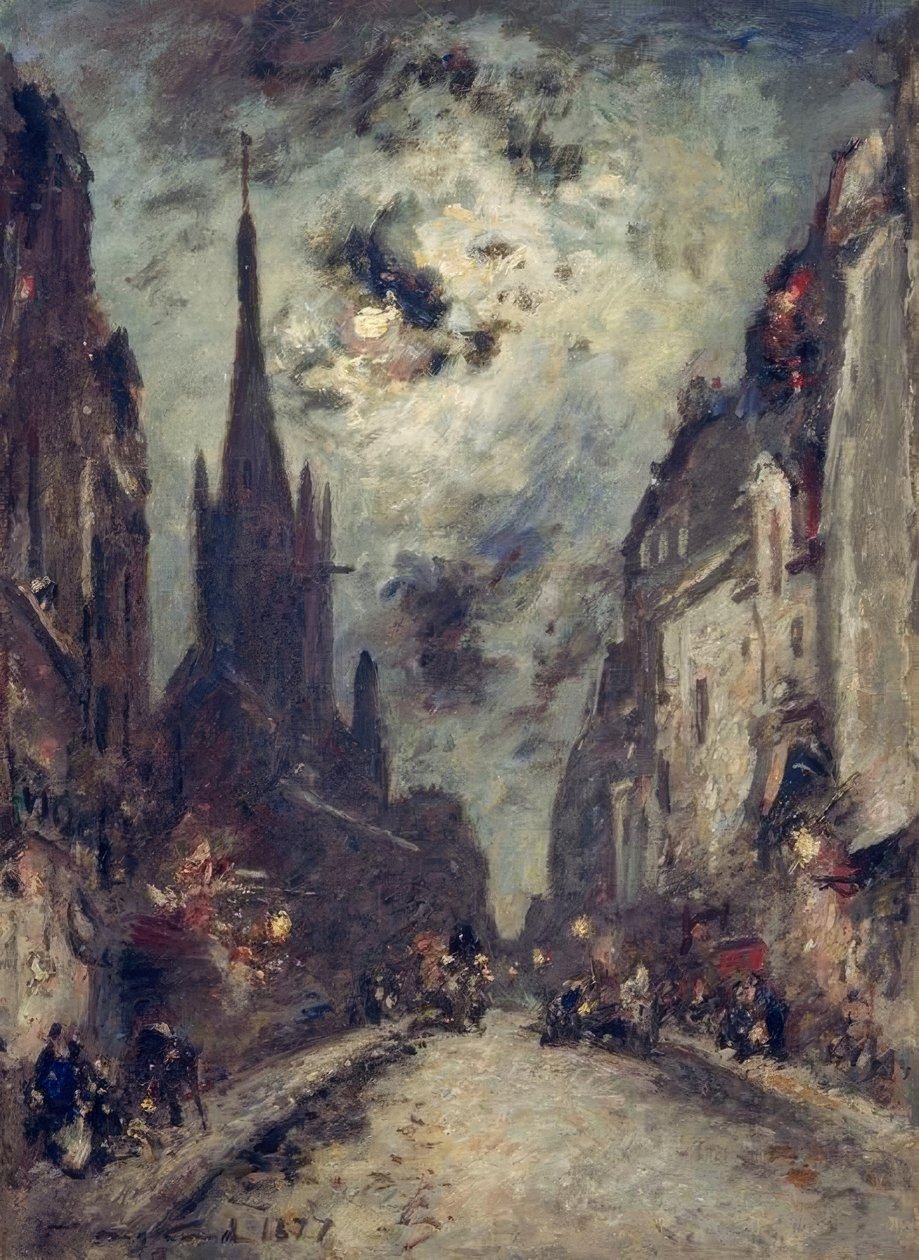 Rue St. Jacques med kirken St. Séverin nær Mondsche av Johan Barthold Jongkind