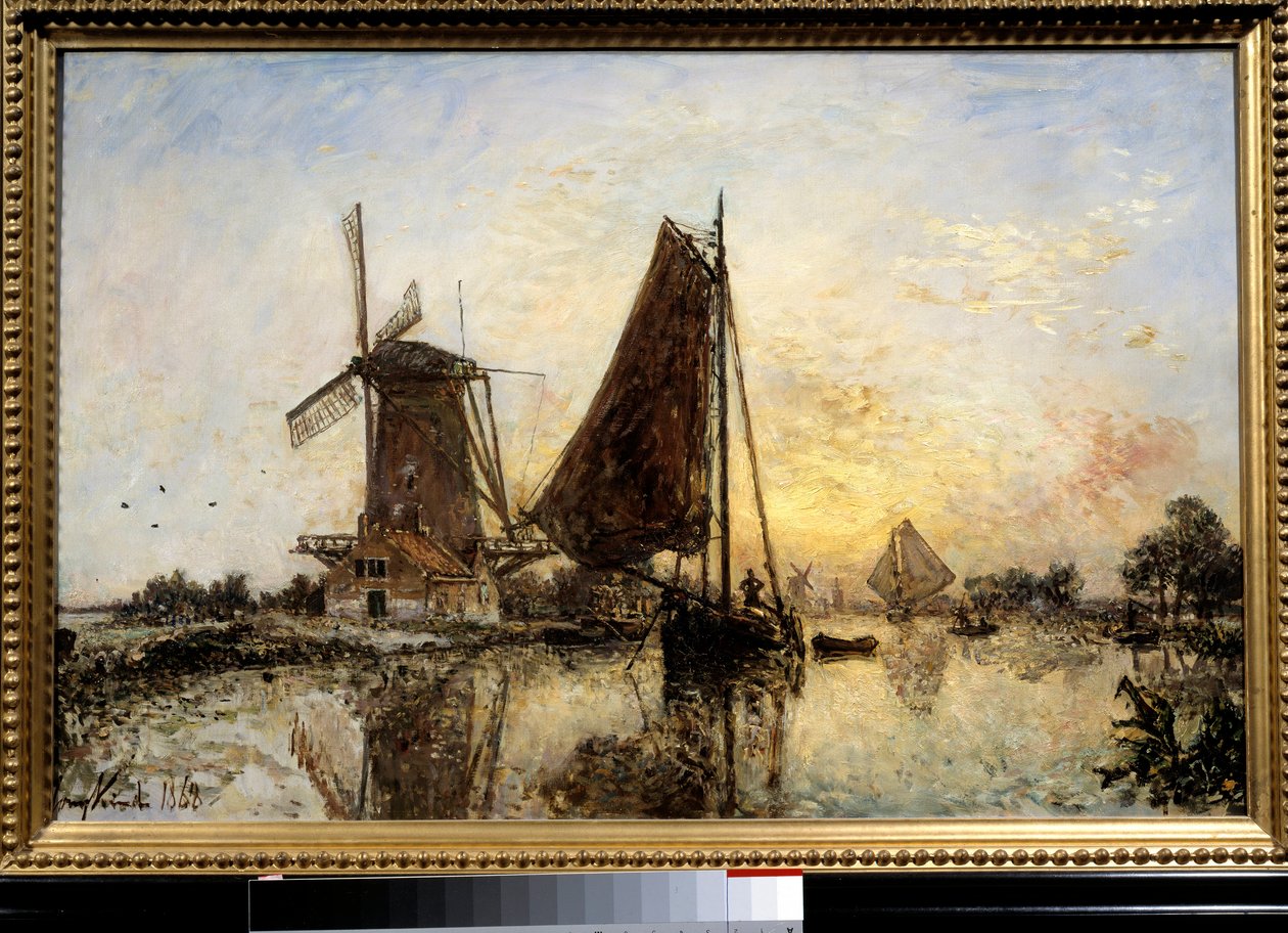 Nederlandsk landskap, båter nær møllen Maleri av Jean Barthold Jongkind (1819-1891) 1868 Søn. 0,52x0,81 m Paris, Musee d
