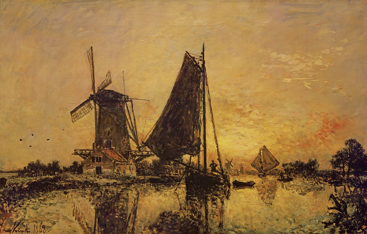 I Holland, båter nær en vindmølle, 1868 av Johan-Barthold Jongkind