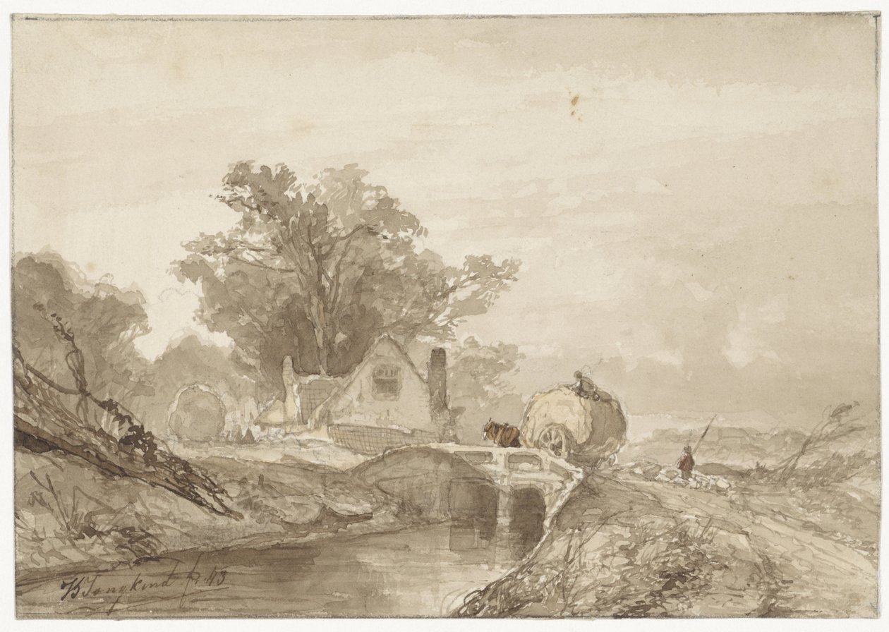 Landskap med en bro med en høstmann på av Johan Barthold Jongkind