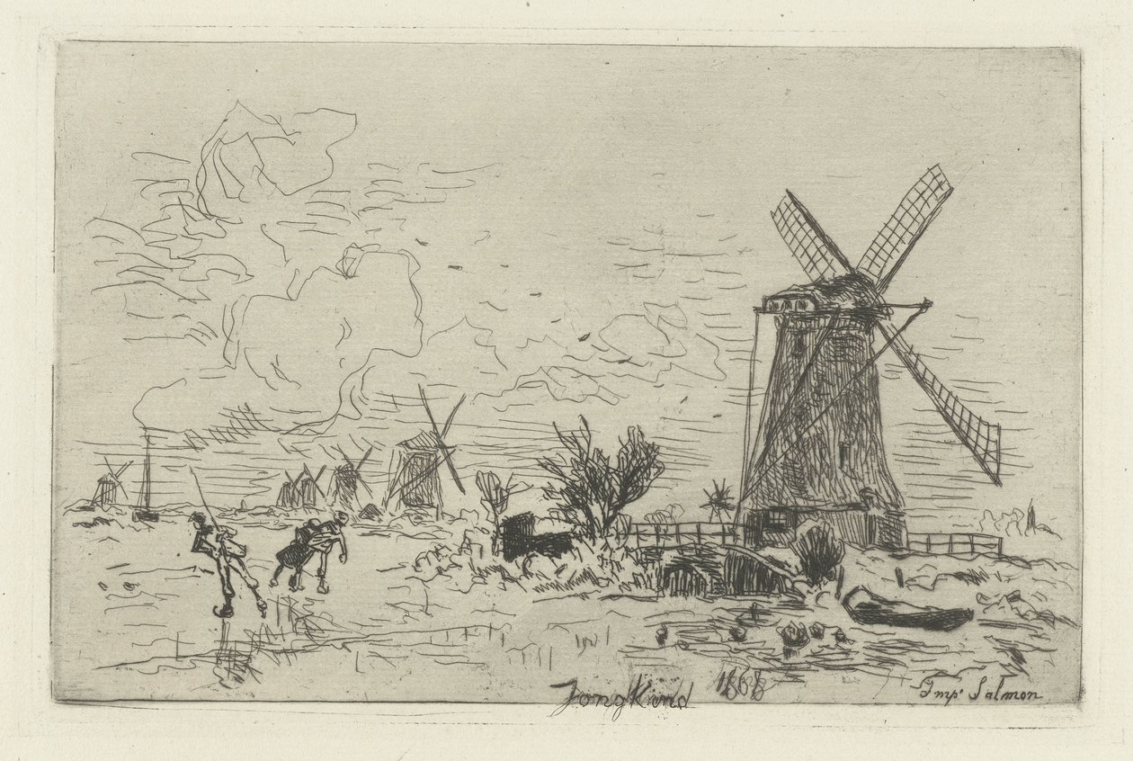 Landskap med vindmøller og skatere Batavia av Johan Barthold Jongkind