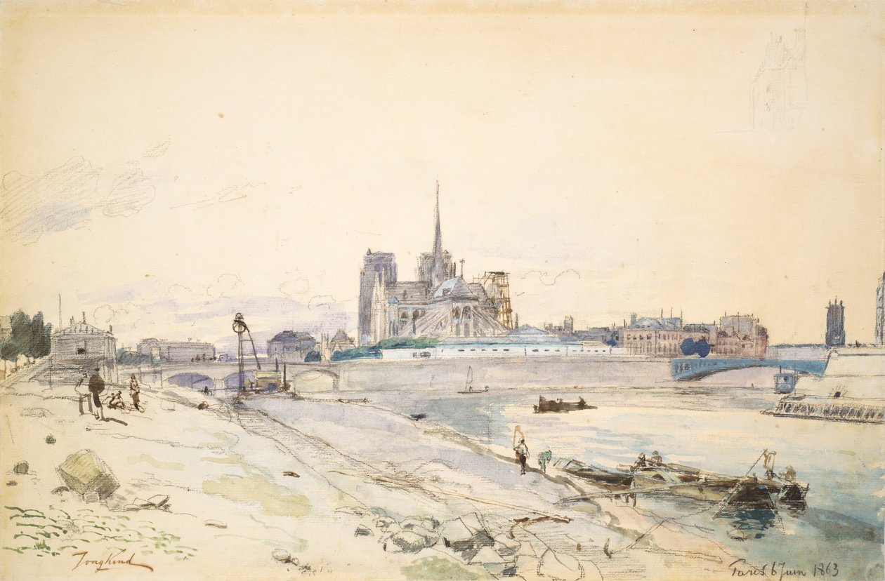 Notre Dame i Paris sett fra Quai de la Tournelle av Johan Barthold Jongkind