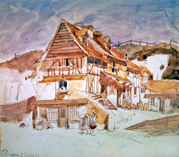 Gamle hus i Dieppe, Normandie, Frankrike, 1851 (penn, blekk og wc på papir) av Johan Barthold Jongkind