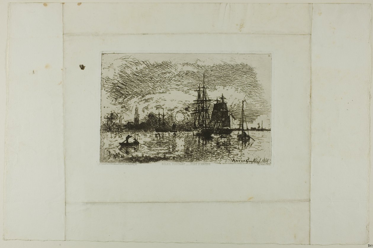 Solnedgang, Antwerpen havn av Johan Barthold Jongkind