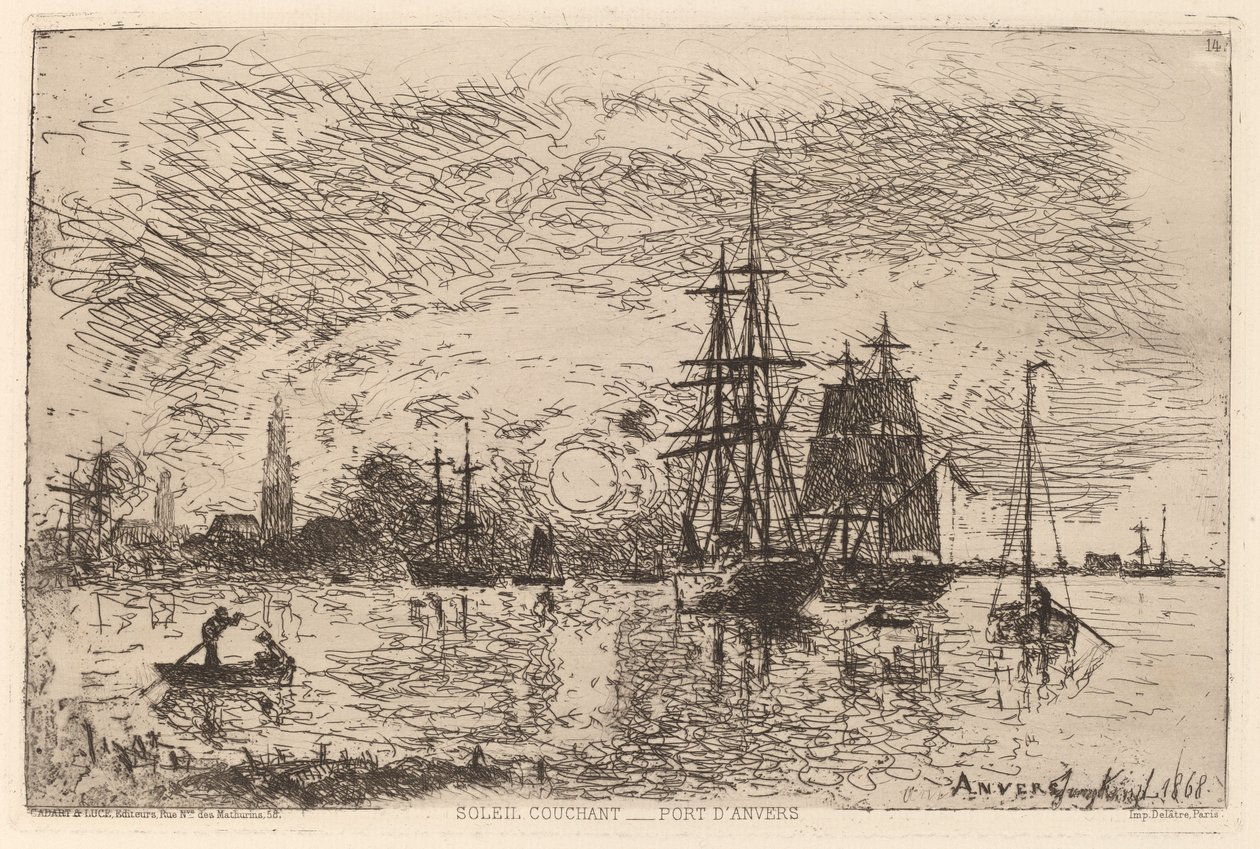 Solnedgang over Antwerpen havn av Johan Barthold Jongkind