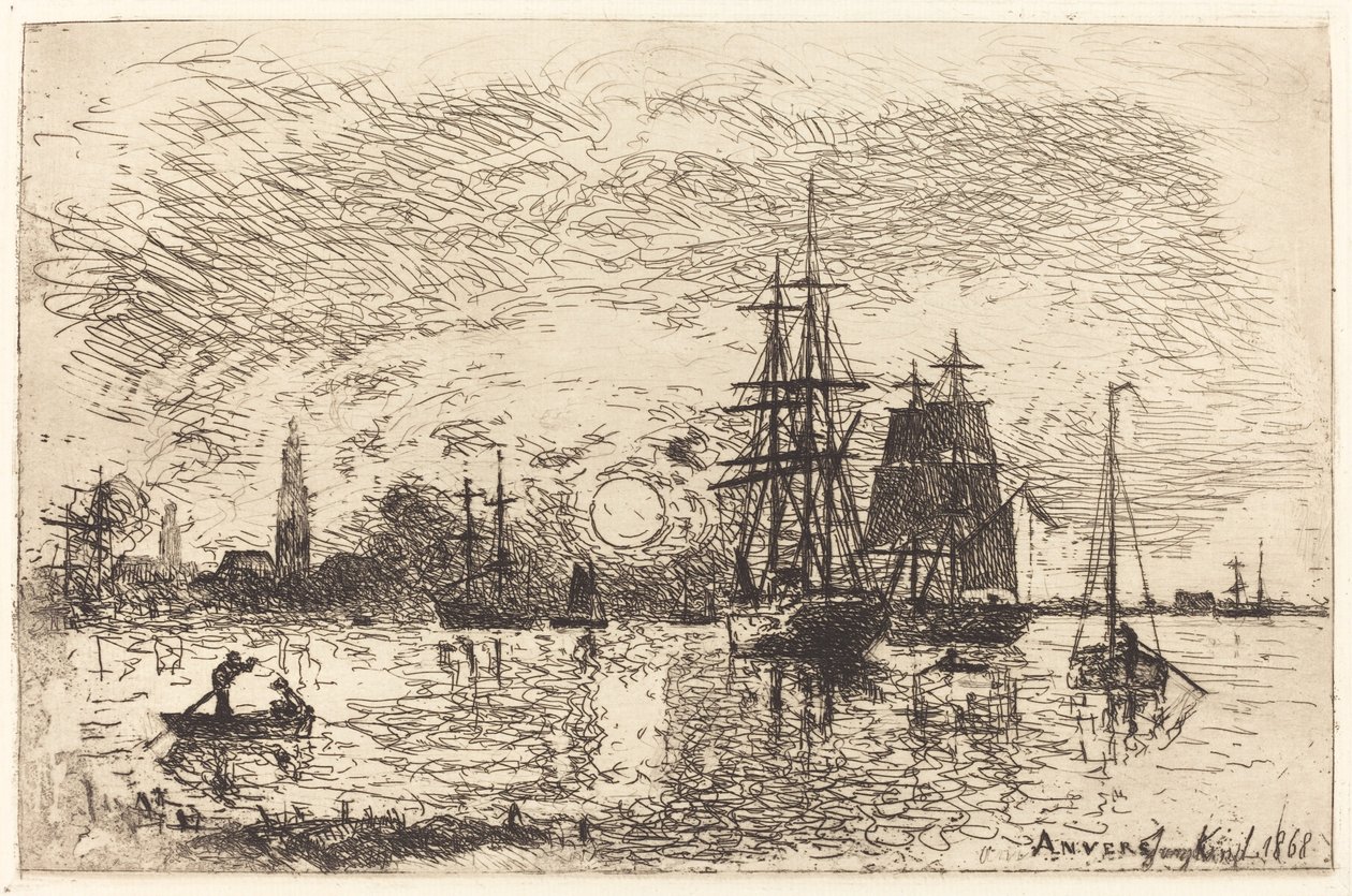 Solnedgang, Antwerpen havn av Johan Barthold Jongkind