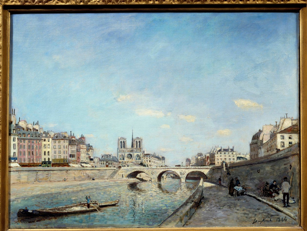 Utsikt over bredden av Seinen og katedralen Notre Dame de Paris En peniche ved elven. Maleri av Johan Barthold Jongkind (1819-1891) 1864 søn. 0,42x0,56 m Paris, musee d
